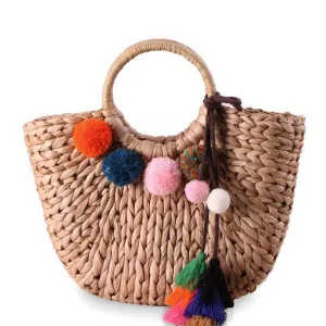 Pom Pom Woven Straw Basket Bag -Multi Color