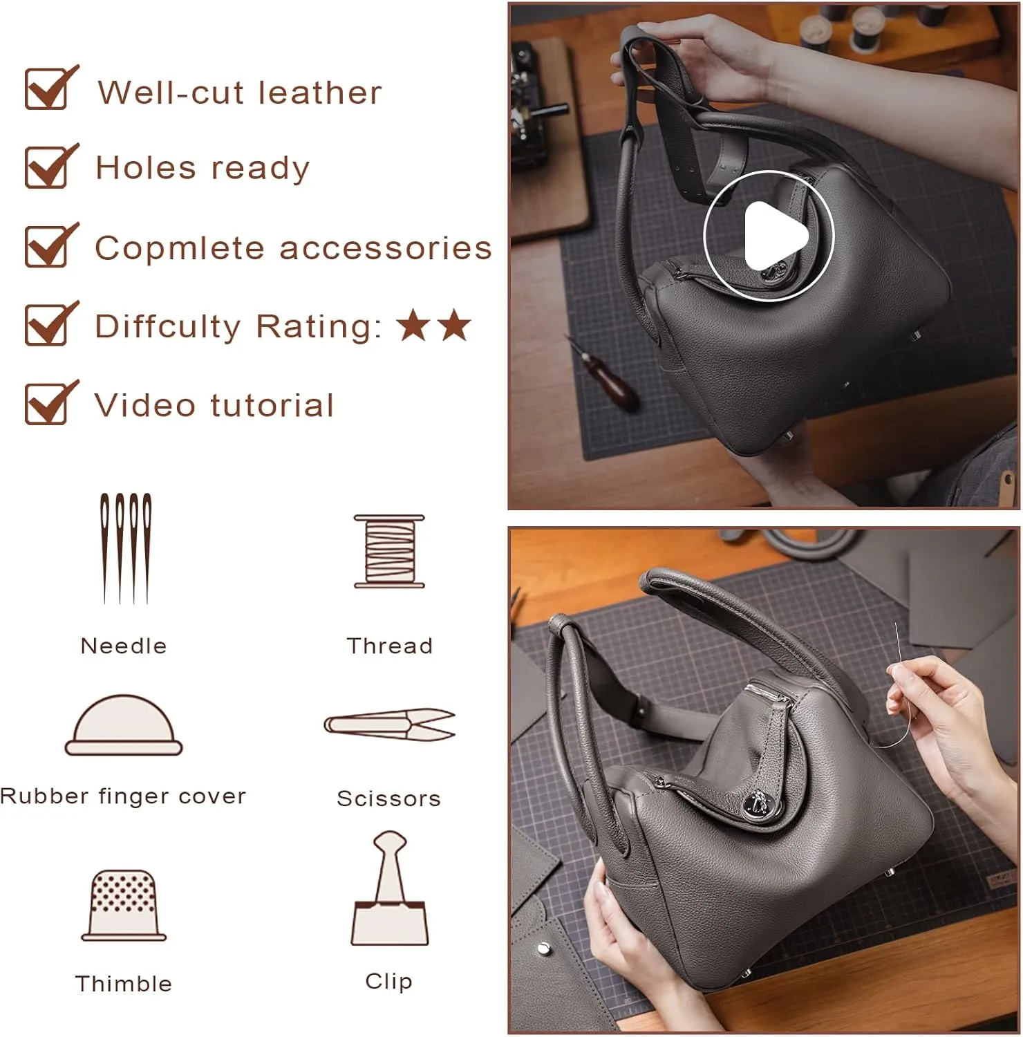 POPSEWING DIY Bag Kit LD Luxury Tote Bags for Women, Unique Gifts for Girlfriend, Romantic Leather Shoulder Bag Kit, DIY Handmade Crossbody Bag for Personalized Gifts (Large, Grey - DIY Kits)