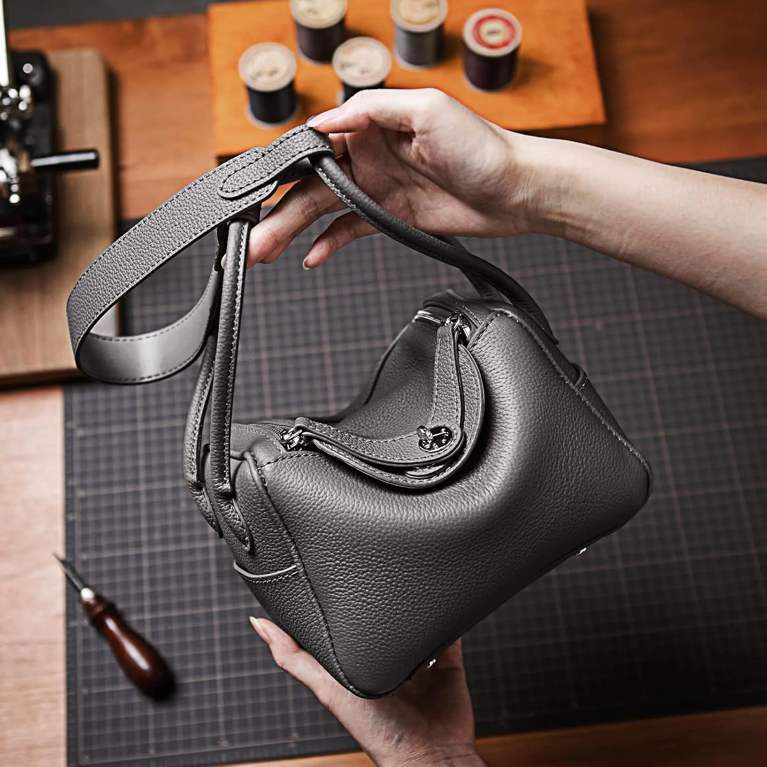 POPSEWING DIY Bag Kit LD Luxury Tote Bags for Women, Unique Gifts for Girlfriend, Romantic Leather Shoulder Bag Kit, DIY Handmade Crossbody Bag for Personalized Gifts (Large, Grey - DIY Kits)