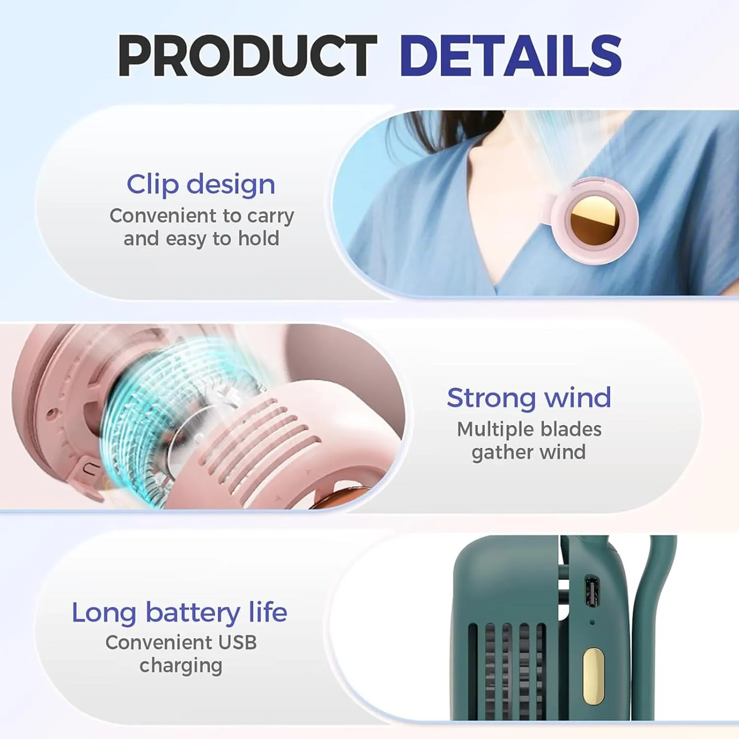 Portable Silent Mini Bladeless Waist Fan - 3-Speed Fast-Charging 2-5 Hours Runtime Clip-On Cooler - Outdoor/Travel/Office Essential - Gift Idea (3, W G P)