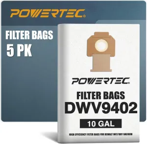 POWERTEC Fleece Bags for Dewalt 5PK, DWV010, DWV012, DWV015 8 & 10 Gallon Dust Extractor, Replacement Shop Vacuum Bags, Filter Bags