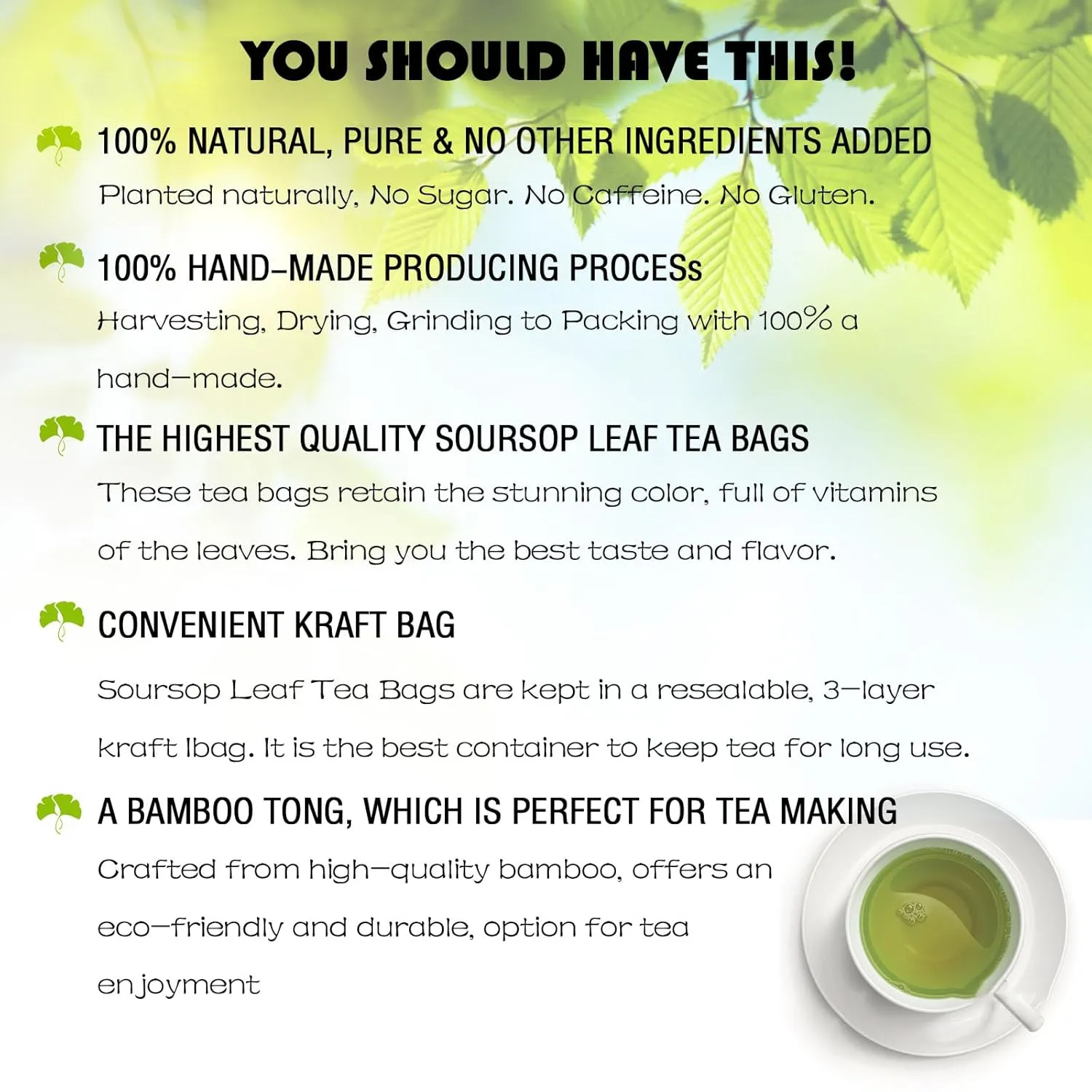 Premium Soursop Graviola Leaf Tea Bags - Soursop Tea, Hojas De Guanábana, 100% Natural and Pure, Handmade,Boosts Immunity, No Sugar, No Caffeine (1)