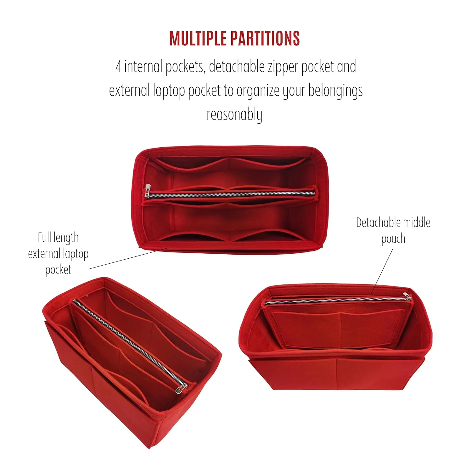 Purse Organizer for Cabata Purse Insert, Cabata Tote Organizer, Handmade 2mm Premium Felt Snug Sturdy Silver Zipper (For Large Cabata, Scarlet)