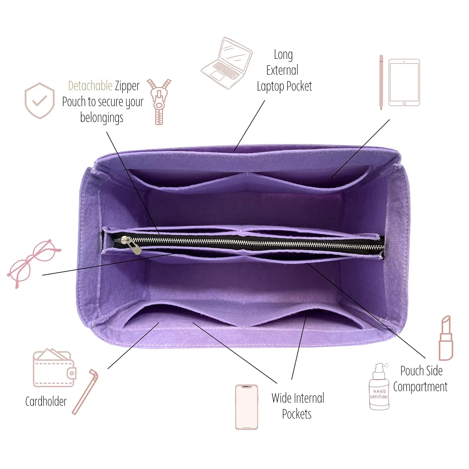 Purse Organizer for Graceful MM Organizer, Lv Graceful PM Organizer, Lv Graceful MM Purse Organizer, Handmade 2mm Premium Felt Snug Sturdy Gold Zipper (For Graceful PM, Hot Magenta)