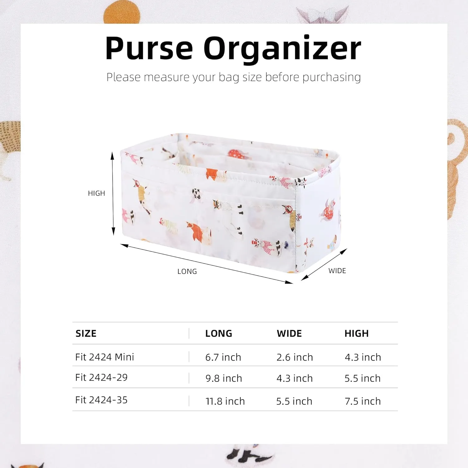 Purse Organizer Insert fits Kelly24/24 mini/29/35 bags, Lightweight Bag organizer for Women Luxury Handbag Tote, Soft Inner Bag (24/24-29, Cat Paradise)