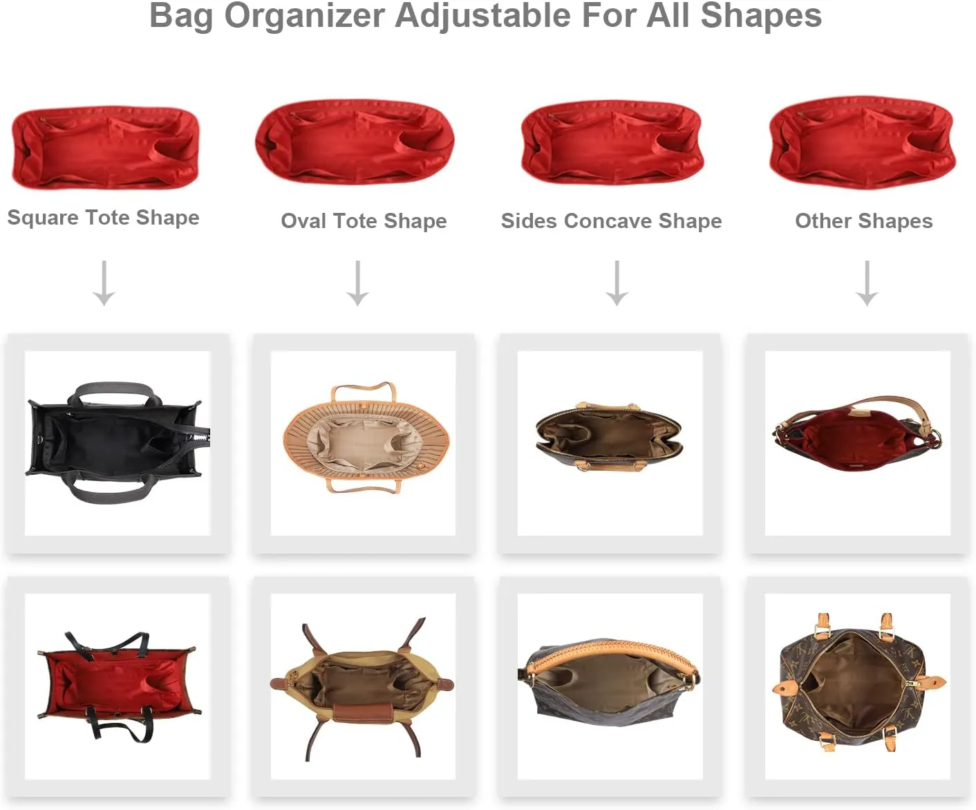 Purse Organizer Insert For Handbags, Silk Purse Organizer with Zipper, Silky Smooth, Bag Organizer For Speedy Neverfull Tote,onthego,Artsy, 6 Sizes (Slender Large, Silky Red)