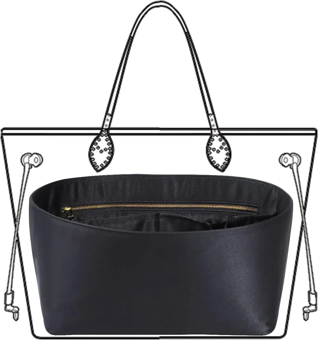 Purse Organizer Insert For Handbags, Silk Purse Organizer with Zipper, Silky Smooth, Bag Organizer For Speedy Neverfull Tote,onthego,Artsy, 6 Sizes(Slender Large, Silky Black)