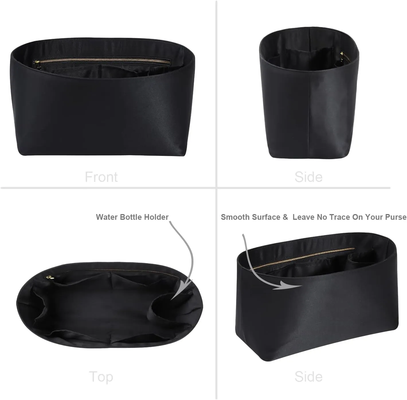 Purse Organizer Insert For Handbags, Silk Purse Organizer with Zipper, Silky Smooth, Bag Organizer For Speedy Neverfull Tote,onthego,Artsy, 6 Sizes(Slender Large, Silky Black)