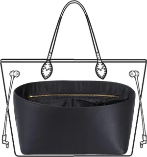 Purse Organizer Insert For Handbags, Silk Purse Organizer with Zipper, Silky Smooth, Bag Organizer For Speedy Neverfull Tote,onthego,Artsy, 6 Sizes(Slender Large, Silky Black)