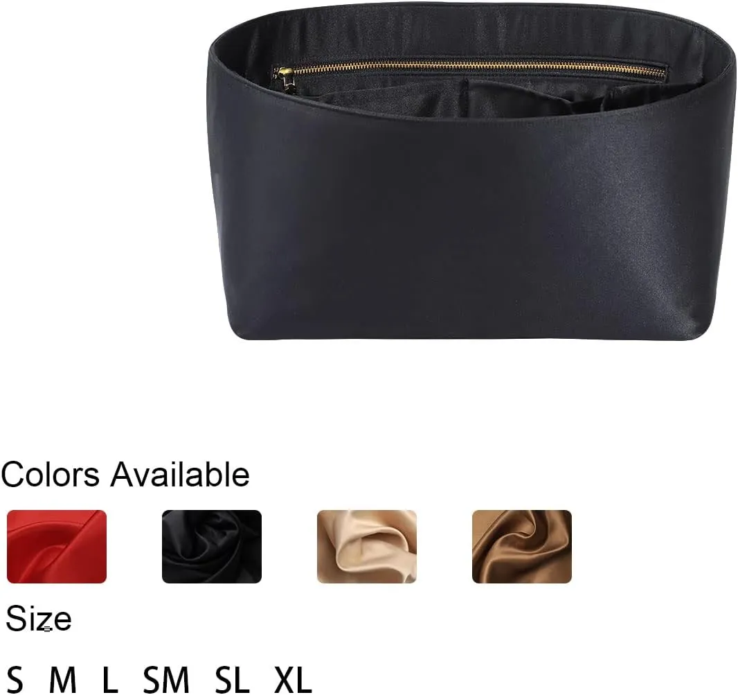 Purse Organizer Insert For Handbags, Silk Purse Organizer with Zipper, Silky Smooth, Bag Organizer For Speedy Neverfull Tote,onthego,Artsy, 6 Sizes(Slender Large, Silky Black)