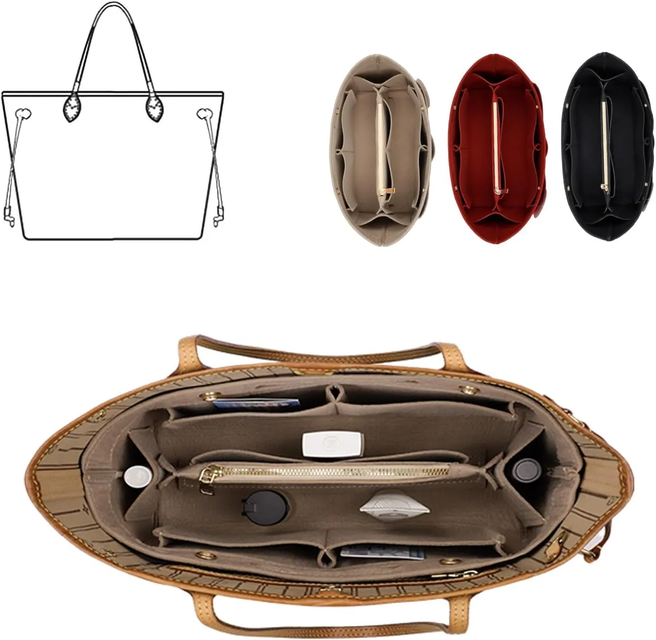 Purse Organizer Insert For Handbags, Tote Bag Organizer Insert Compatible with Neverful gracefull onthego and more (Beige, Large)