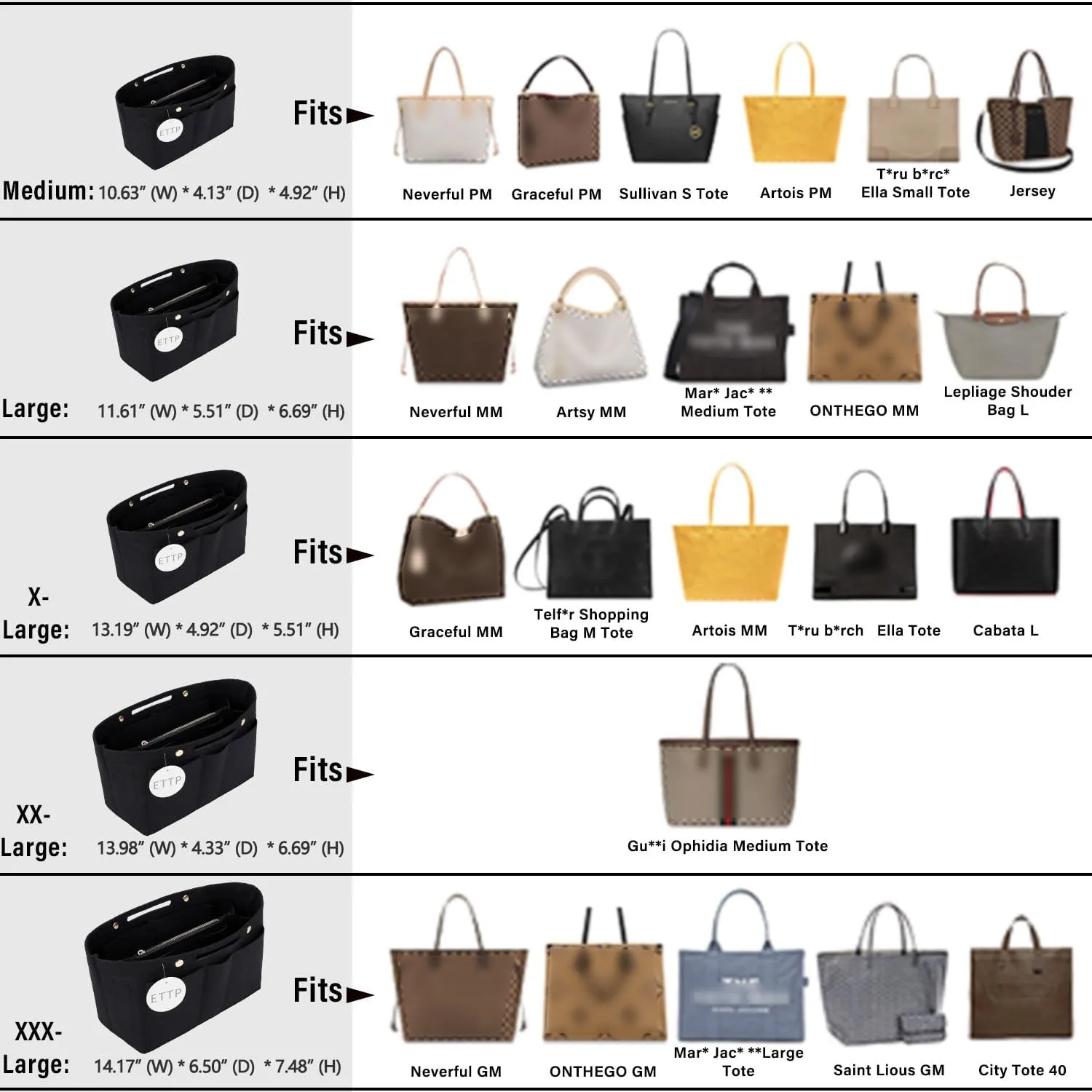 Purse Organizer Insert For Handbags, Tote Bag Organizer Insert Compatible with Neverful gracefull onthego and more (Black, Large)