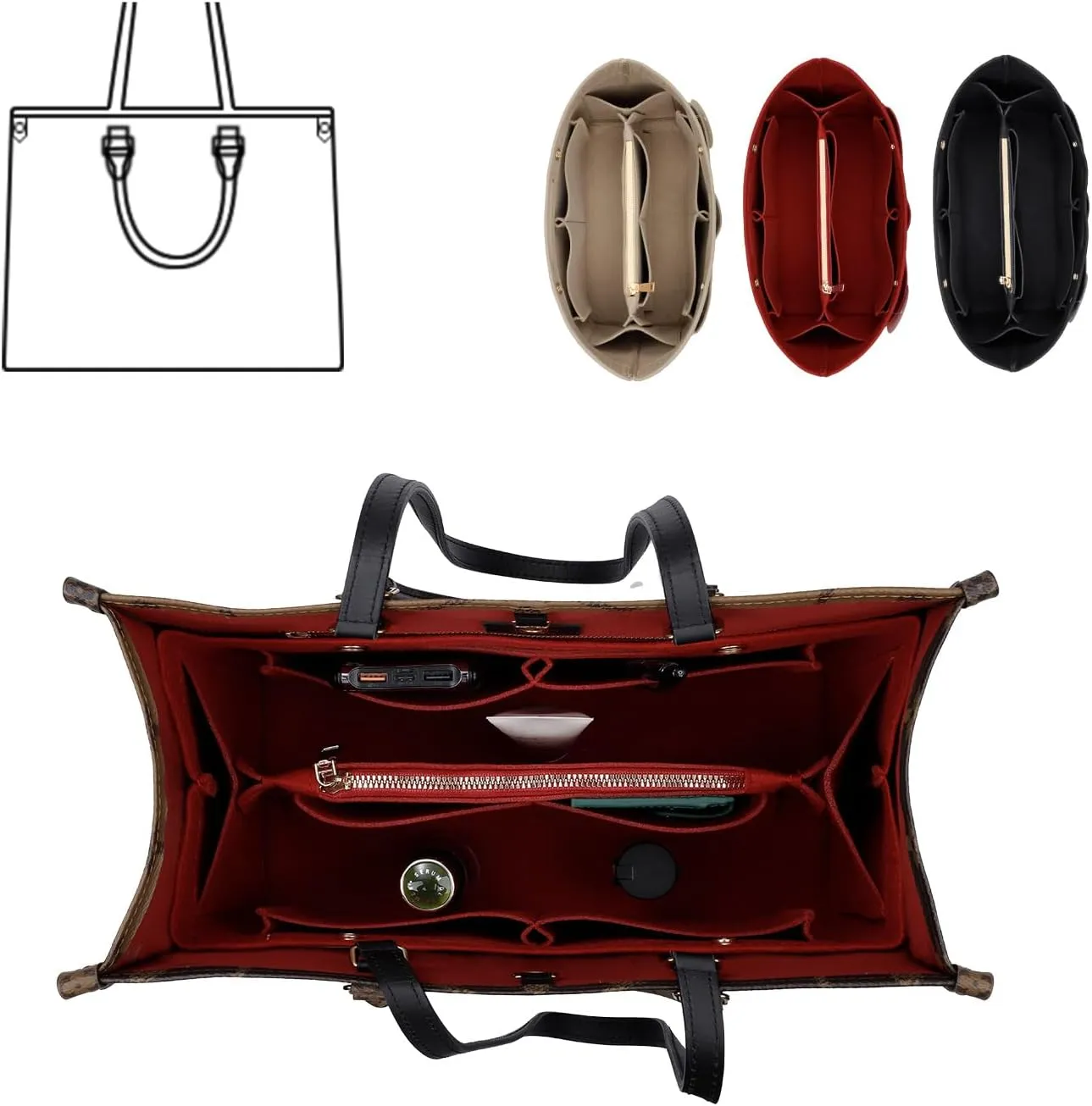 Purse Organizer Insert For Handbags, Tote Bag Organizer Insert Compatible with Neverful gracefull onthego and more (Red, Large)