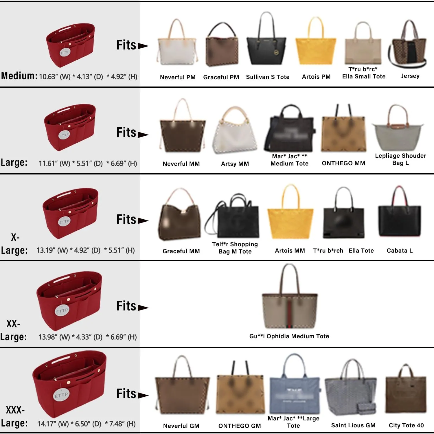Purse Organizer Insert For Handbags, Tote Bag Organizer Insert Compatible with Neverful gracefull onthego and more (Red, Large)
