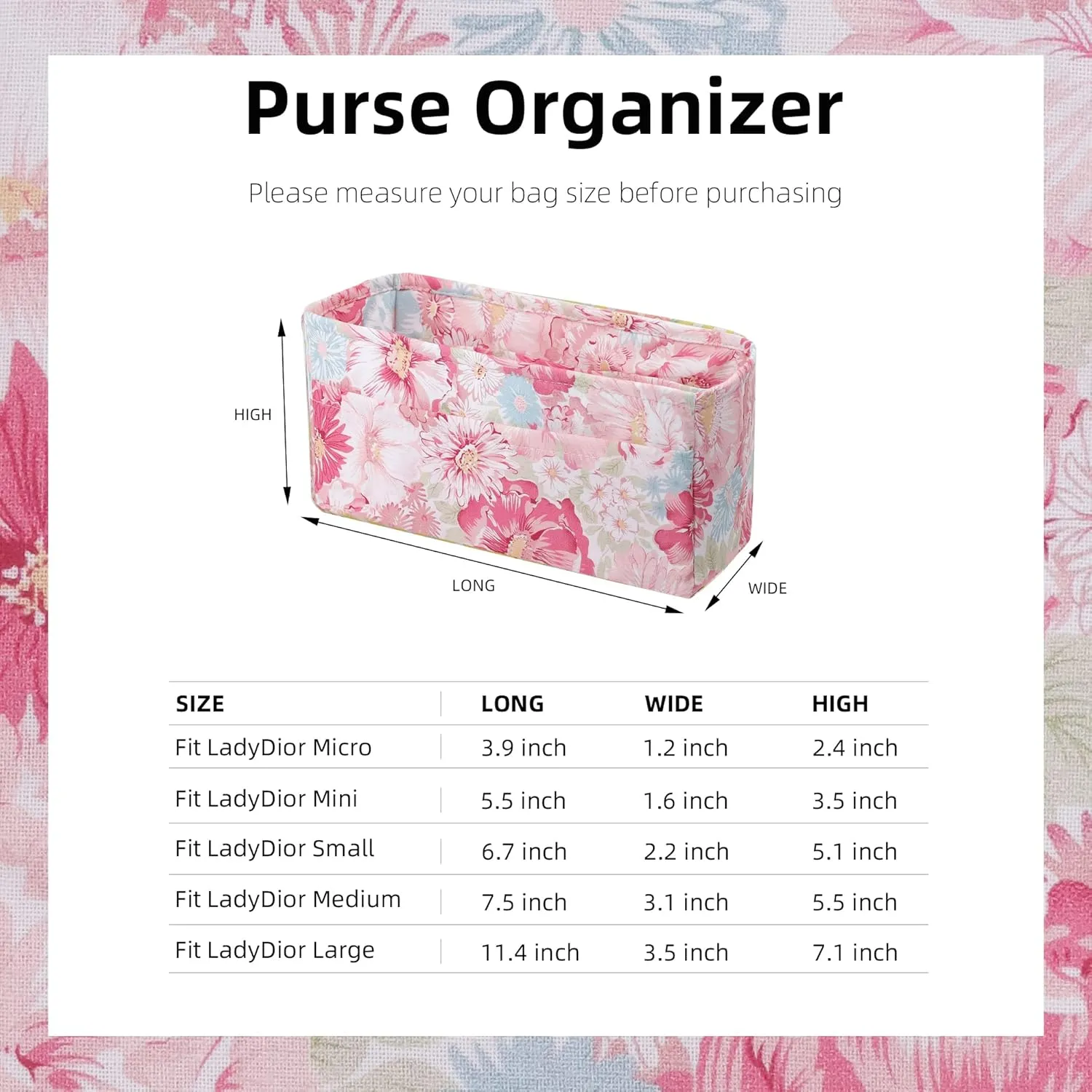 Purse Organizer Insert for LadyDior Bags, Soft Handbag Tote Organizer Liner, Women Luxury Handbag Tote Inner Bag(Medium, Blooming)