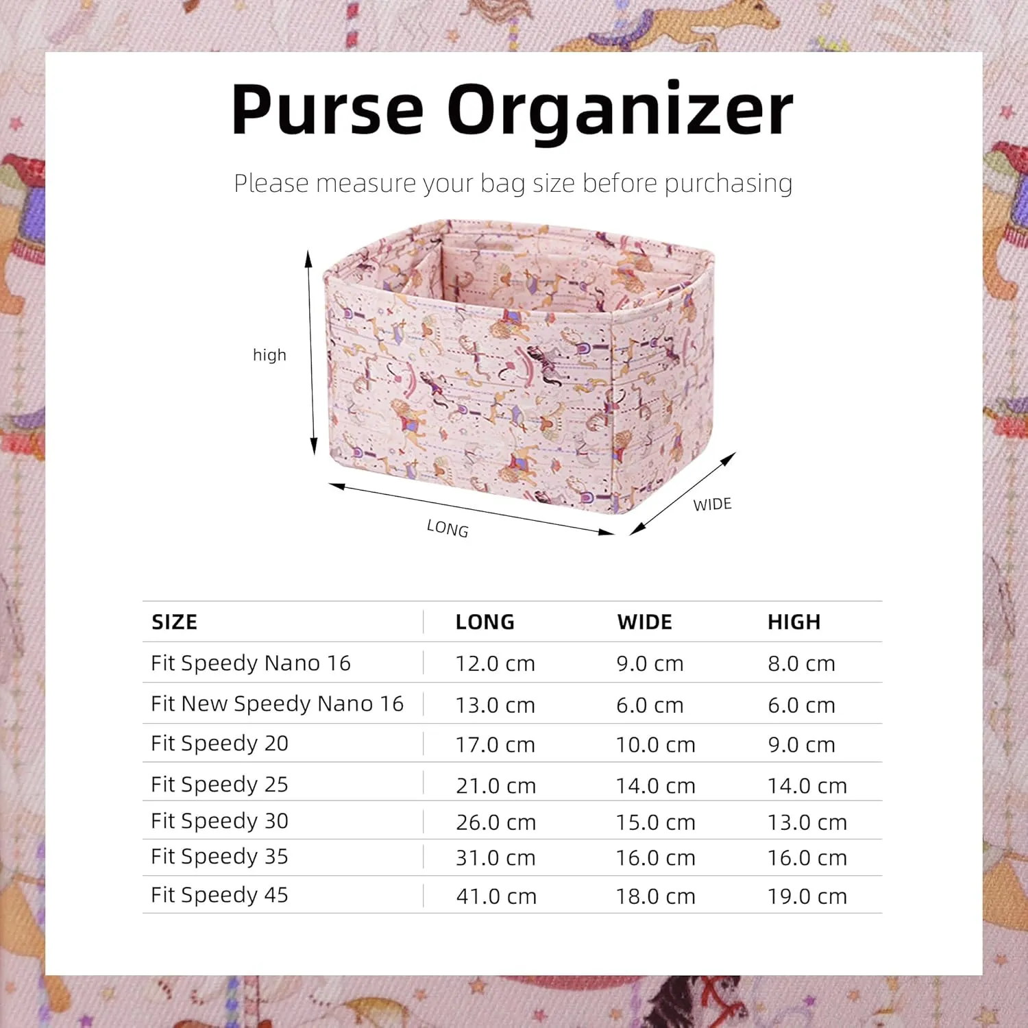 Purse Organizer Insert for LV Speedy Nano16/20/25/30/35, Soft Luxury Handbag Tote Inner Bag, Lightweight Bag Organizer Liner (Nano 16,Circus(Pink))