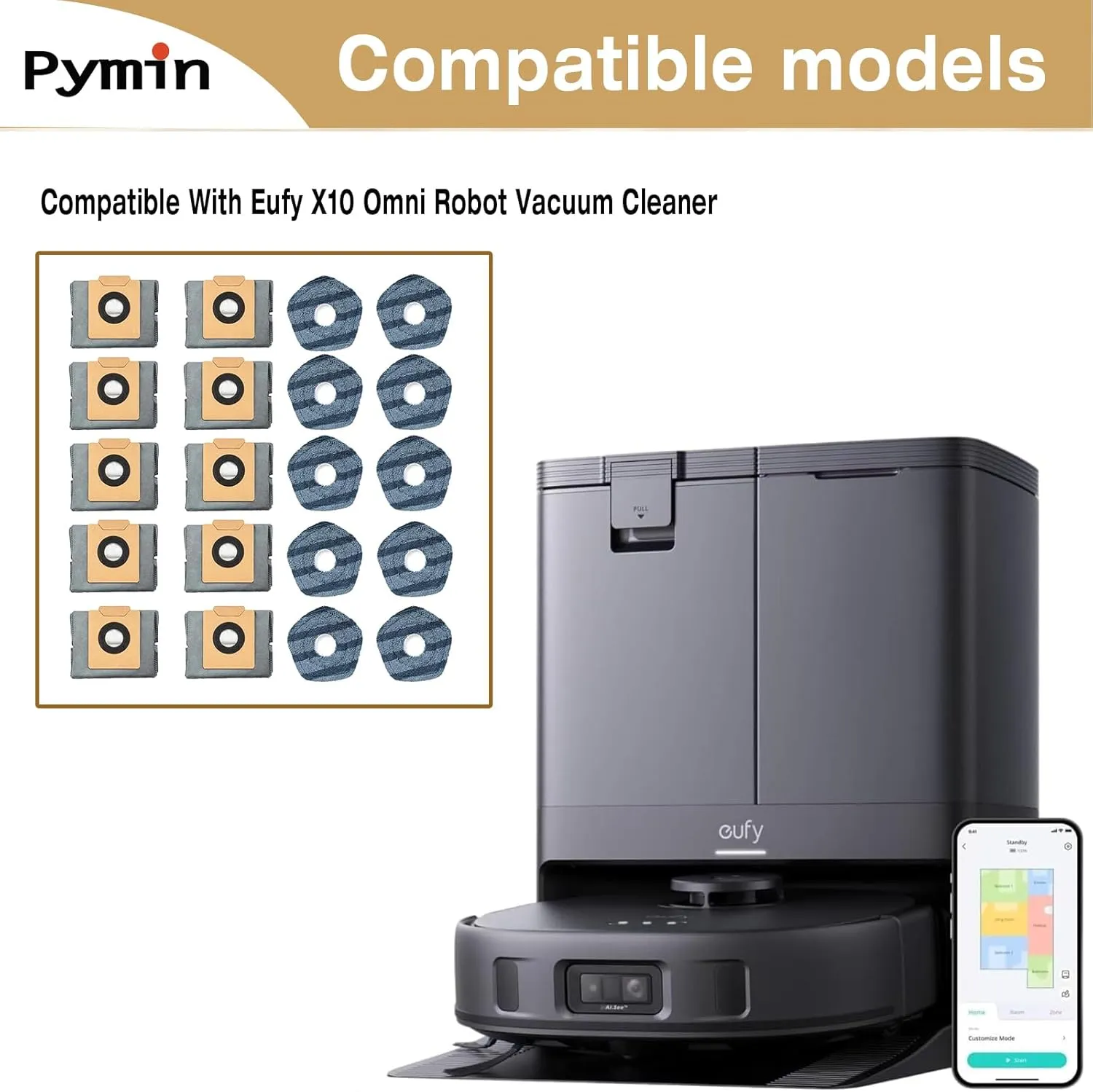 Pymin 20 PCS Vacuum Accessories for Eufy X10 Pro Omni Cleaner Robot, Replacement Parts Kit with 10 Mop Pads 10 Vacuum Bags