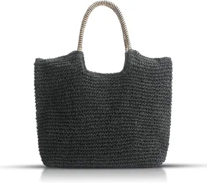 QTKJHand-woven Soft Large Straw Shoulder Bag, Beach Tote Black Boho Straw Handle Tote Retro Summer Beach Bag Rattan Handbag (Black)