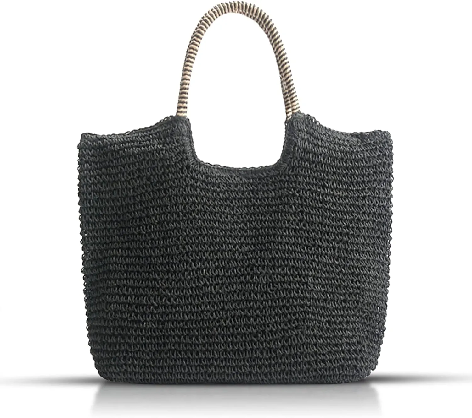 QTKJHand-woven Soft Large Straw Shoulder Bag, Beach Tote Black Boho Straw Handle Tote Retro Summer Beach Bag Rattan Handbag (Black)