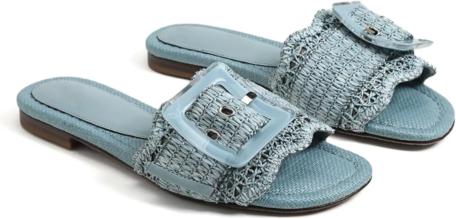 Raffia Sandals for Women Buckle Straw flats Woven Braided Rattan Slides Summer Beach Sandals Comfort Cute Shoes