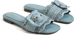 Raffia Sandals for Women Buckle Straw flats Woven Braided Rattan Slides Summer Beach Sandals Comfort Cute Shoes