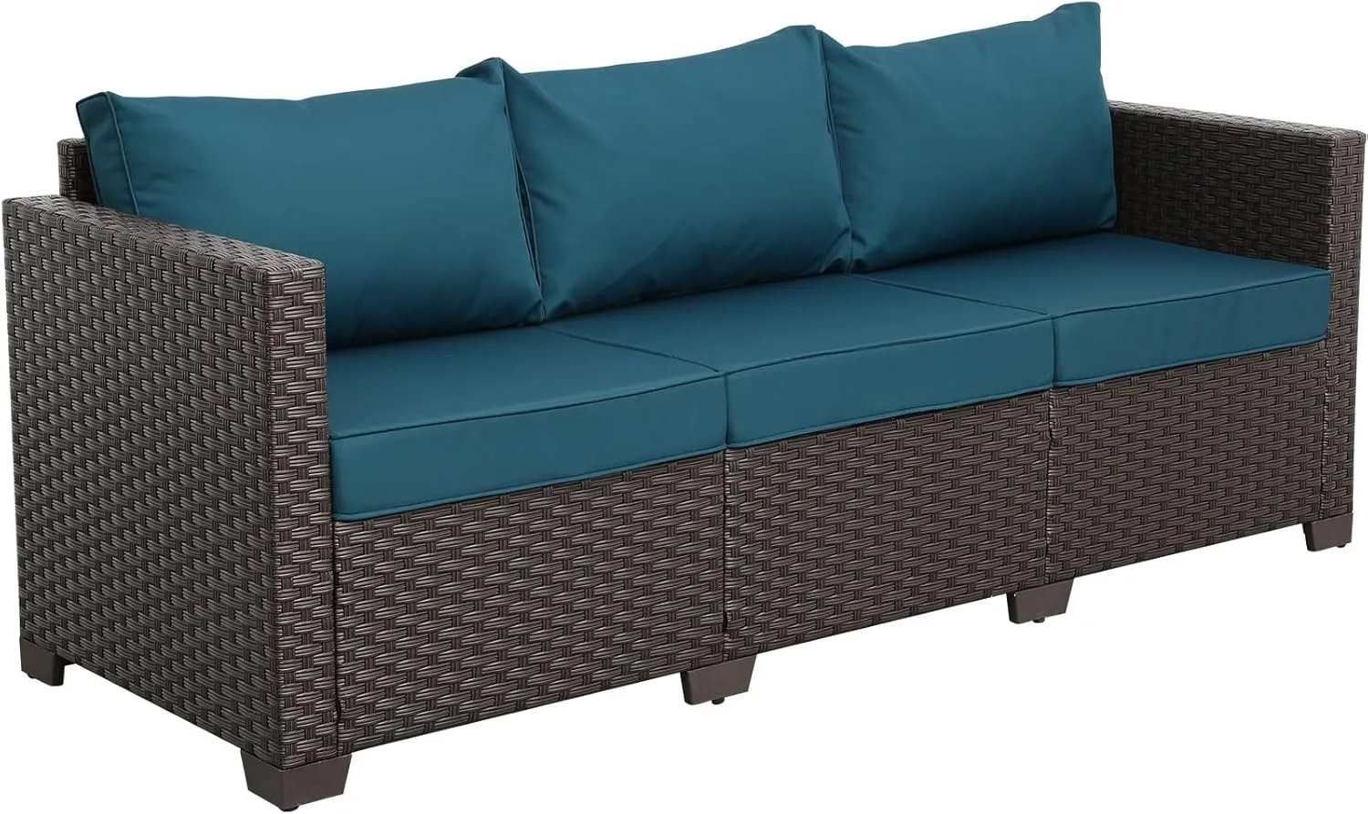 Rattaner Outdoor Furniture Wicker Outdoor Couch Patio Furniture 3-seat Sofa Deep Seat Hight Backrest Waterproof Cover Anti-Slip Cushions, Peacock Blue