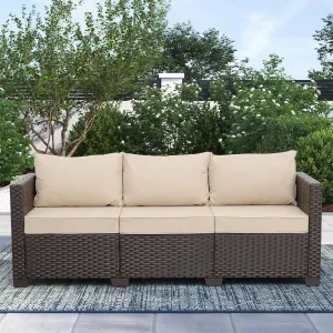 Rattaner Patio Furniture 3-seat Sofa Wicker Outdoor Furniture Outdoor Couch Deep Seat Hight Backrest Waterproof Cover Anti-Slip Cushions, Khaki