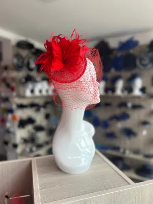 Red Feather Flower Disc Fascinator with Veil