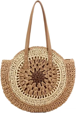 Rejolly Straw Bag for Women Round Women Tote Handbag Summer Vacation Beach Boho Bohemian Style Large Shoulder Purse