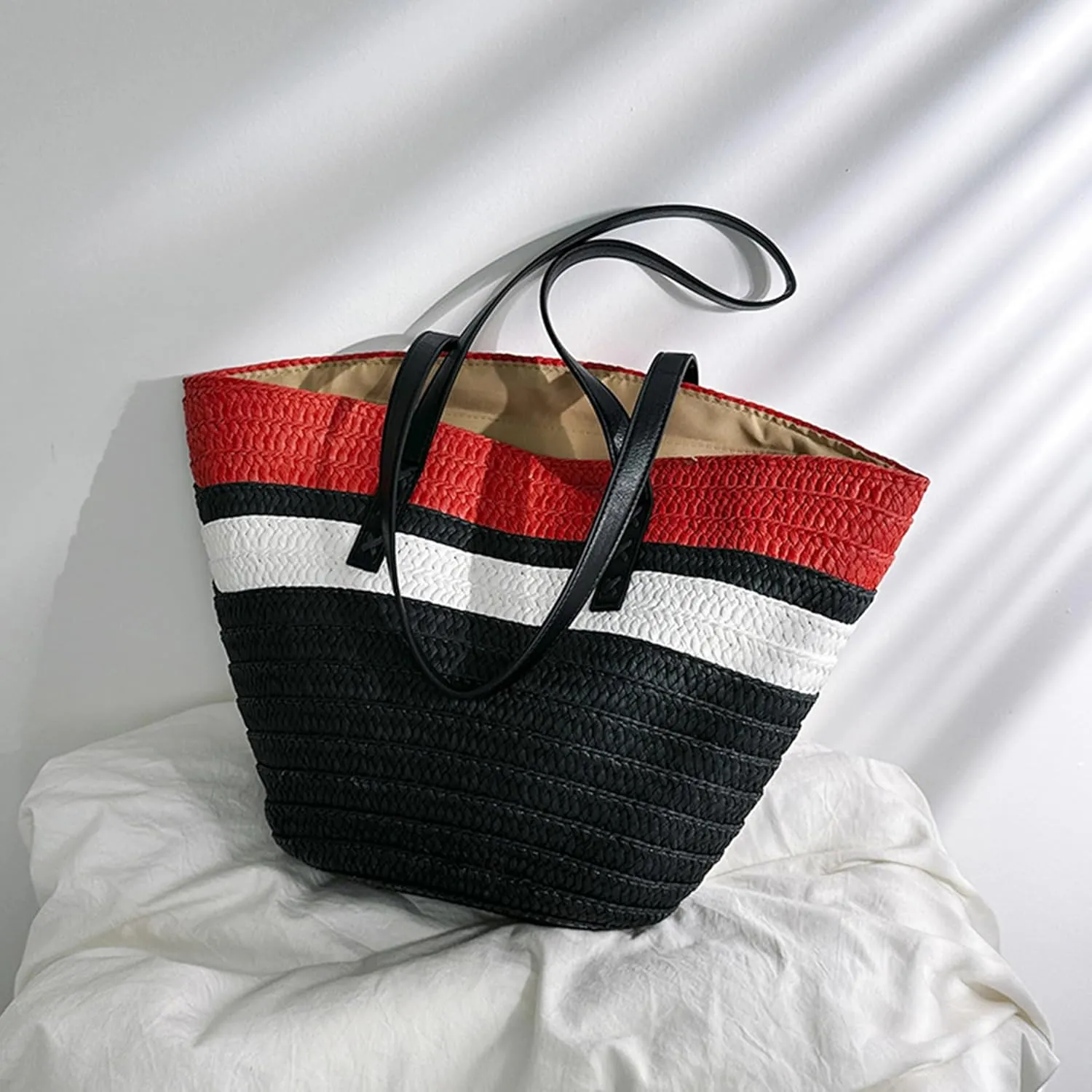 Rejolly Straw Tote Bag for Women Beach Summer Vacation Handbags Large Woven Shoulder Purse with Zipper Leather Handle Purse