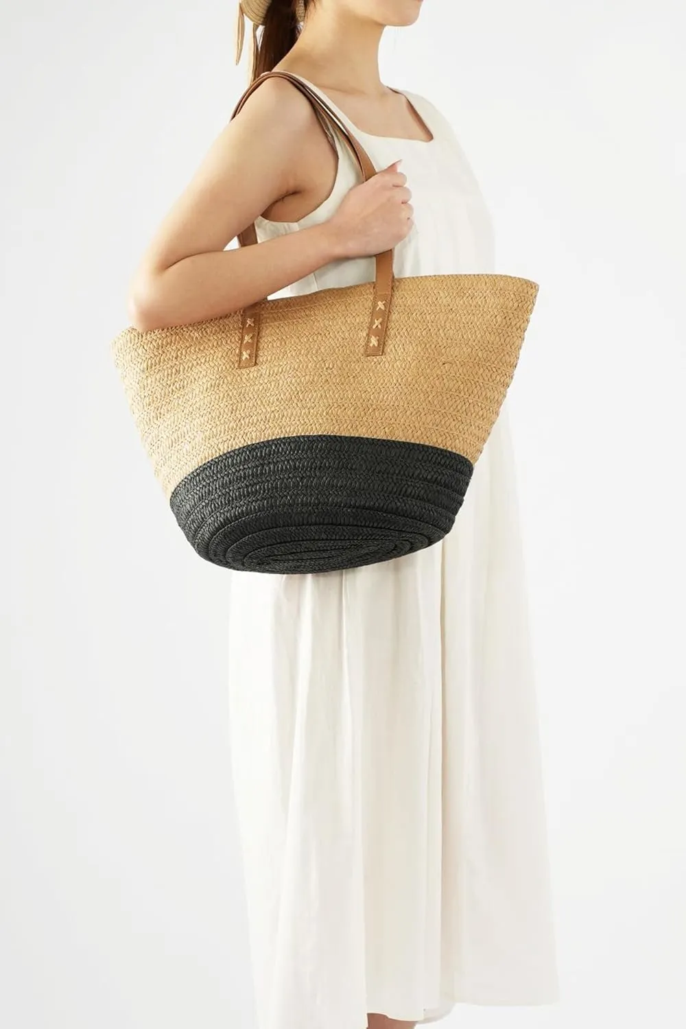 Rejolly Straw Tote Bag for Women Beach Summer Vacation Handbags Large Woven Shoulder Purse with Zipper Leather Handle Purse