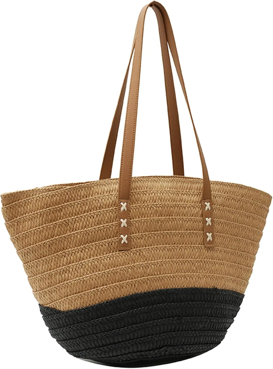 Rejolly Straw Tote Bag for Women Beach Summer Vacation Handbags Large Woven Shoulder Purse with Zipper Leather Handle Purse