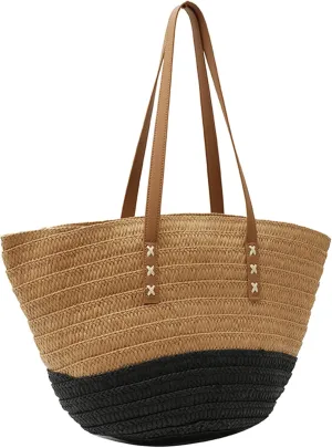 Rejolly Straw Tote Bag for Women Beach Summer Vacation Handbags Large Woven Shoulder Purse with Zipper Leather Handle Purse