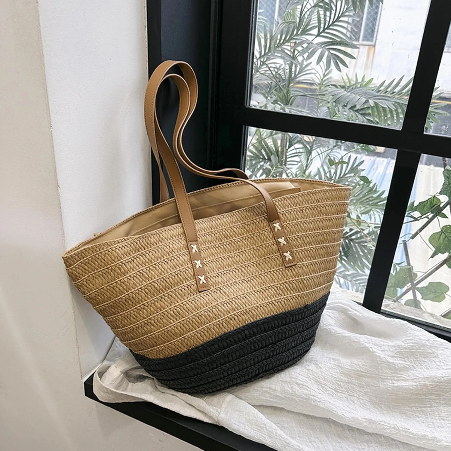 Rejolly Straw Tote Bag for Women Beach Summer Vacation Handbags Large Woven Shoulder Purse with Zipper Leather Handle Purse