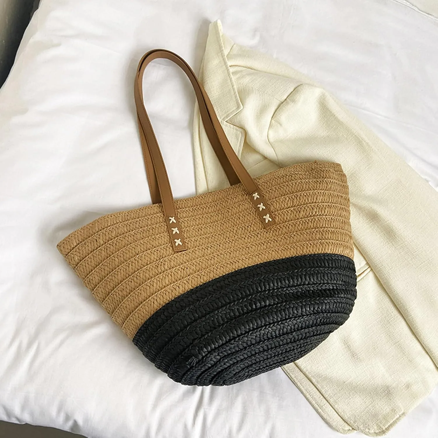 Rejolly Straw Tote Bag for Women Beach Summer Vacation Handbags Large Woven Shoulder Purse with Zipper Leather Handle Purse