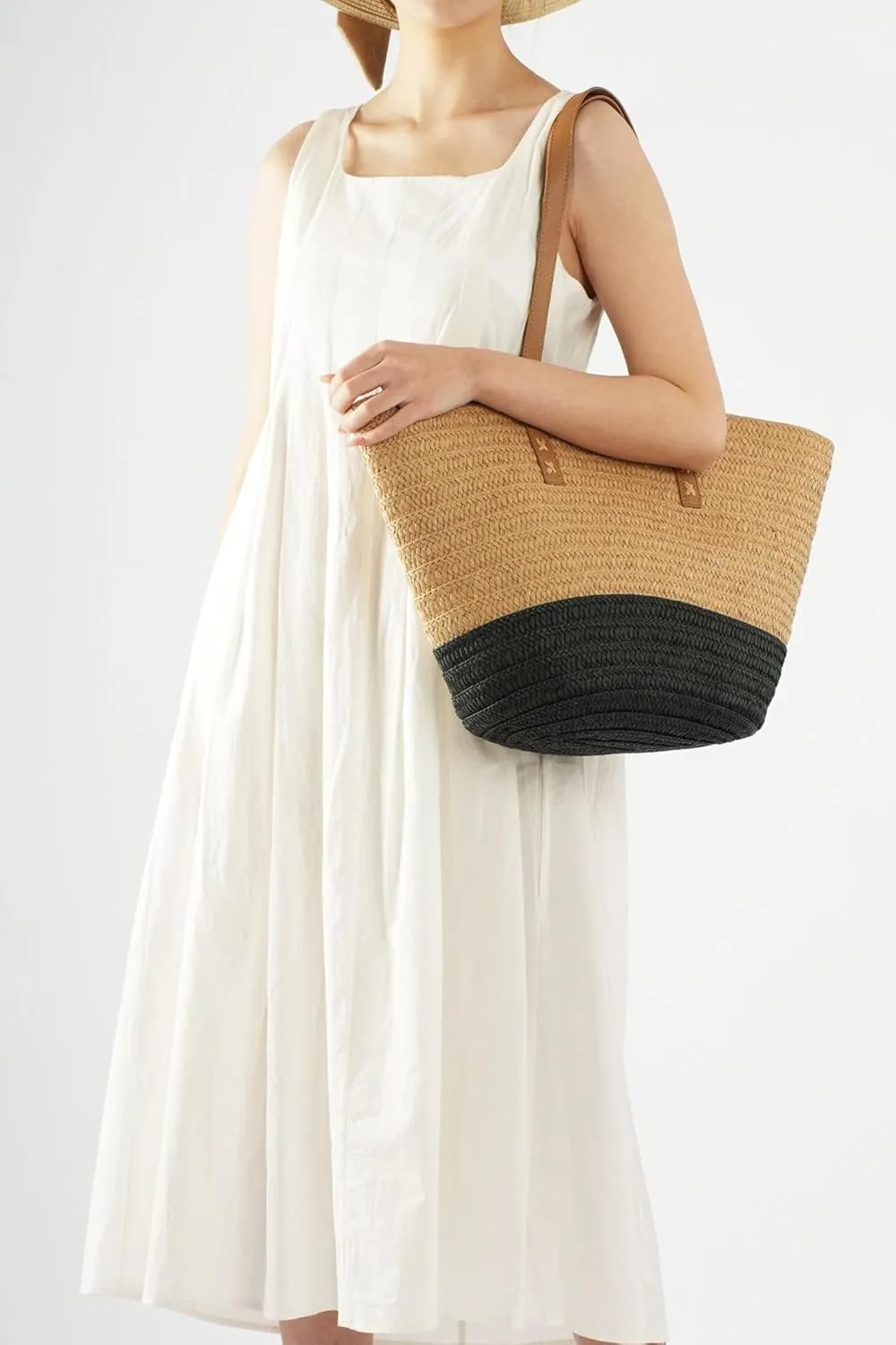Rejolly Straw Tote Bag for Women Beach Summer Vacation Handbags Large Woven Shoulder Purse with Zipper Leather Handle Purse