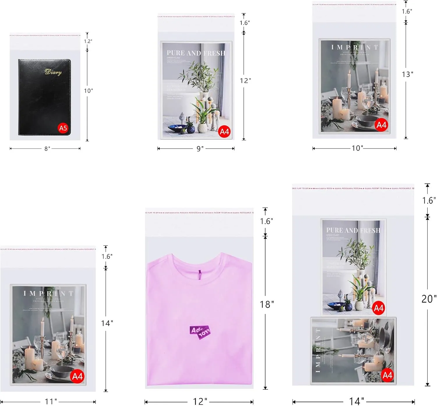 Resealable Adhesive Cello Bags 14x20 100pcs Self Sealing Cellophane Bags Clear Apparel Bags for Clothing T-shirt Handmade Goods Storage Packaging 14 Sizes to Choose from