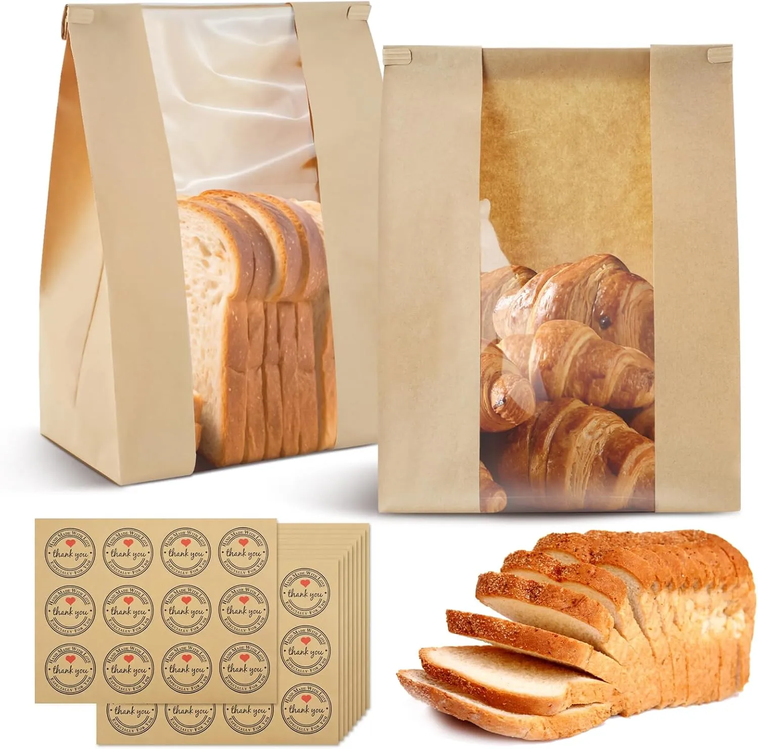 RETON 100 Pcs Paper Bread Bags for Homemade Bread, Sourdough Bread Bags with Thank You Stickers, Large Paper Bakery Loaf Bags with Window Tin Tie Tab Lock for Food Packaging Storage(13.7x8.2x3.5Inch)