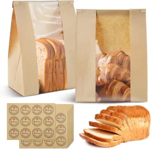 RETON 100 Pcs Paper Bread Bags for Homemade Bread, Sourdough Bread Bags with Thank You Stickers, Large Paper Bakery Loaf Bags with Window Tin Tie Tab Lock for Food Packaging Storage(13.7x8.2x3.5Inch)