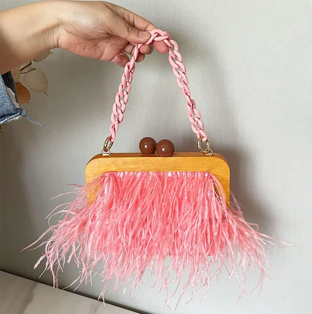 Retro Ostrich Feather Women's Evening Handbags Shell Tassel Party Clutch Purses Tote Bags for Women Party Banquet Prom Pink