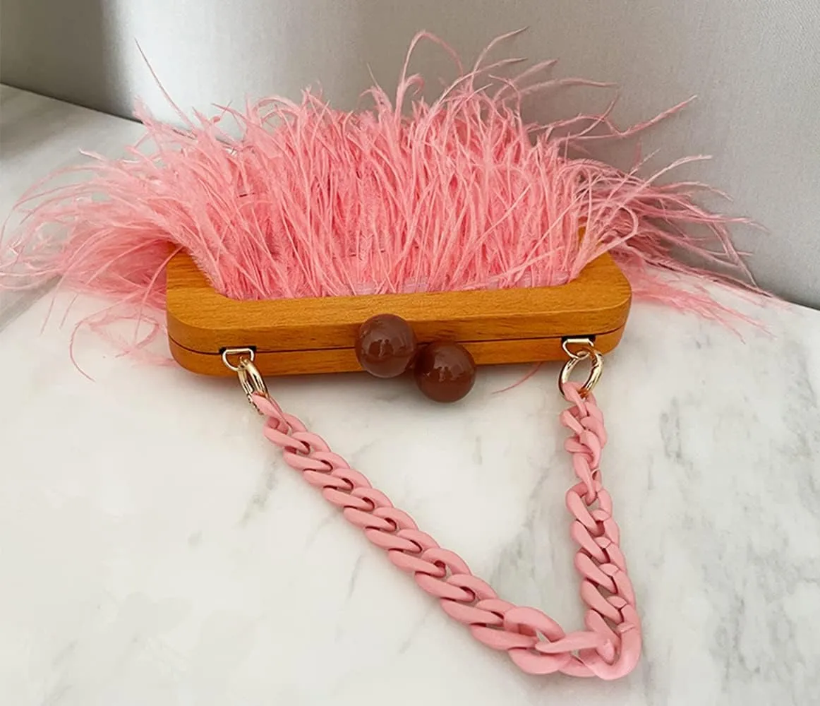 Retro Ostrich Feather Women's Evening Handbags Shell Tassel Party Clutch Purses Tote Bags for Women Party Banquet Prom Pink