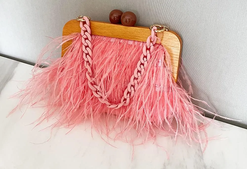 Retro Ostrich Feather Women's Evening Handbags Shell Tassel Party Clutch Purses Tote Bags for Women Party Banquet Prom Pink