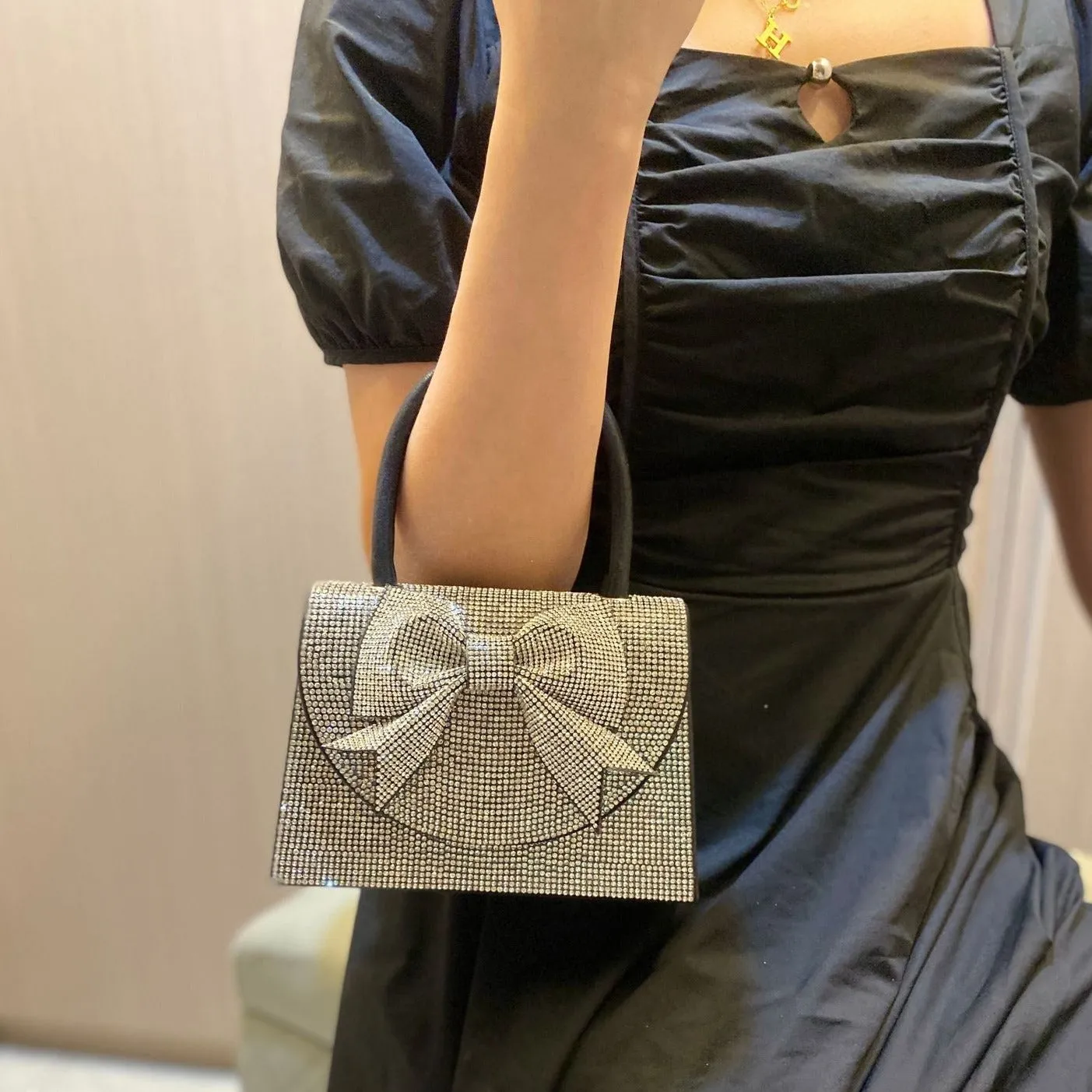 Rhinestone Embellished Ribbon Handbag by Hazel