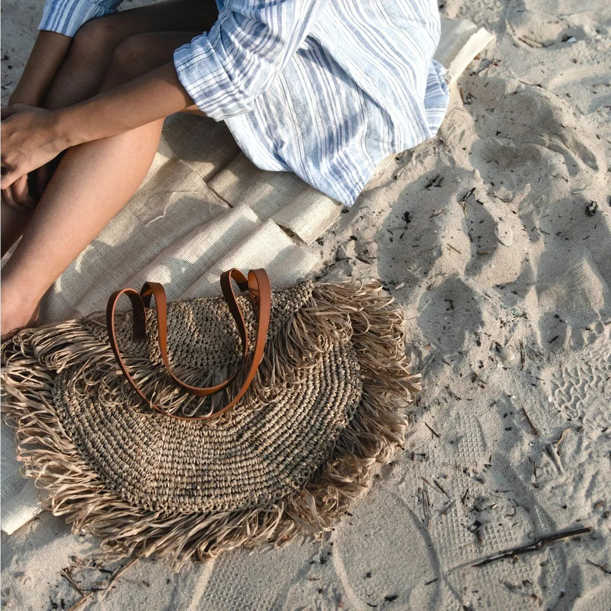 Rootz  Beige Shoulder Bag with Fringes Beach Bag Tote Shopping Bag SUMBAWA