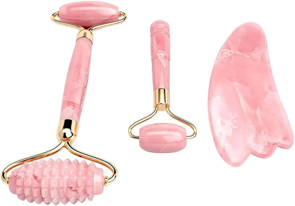 Rose Quartz Roller with Gua Sha Set for Face Natural Authentic Facial Crystal Massager Skin Eyes Neck Tones Firms Depuffs-Mini Roller