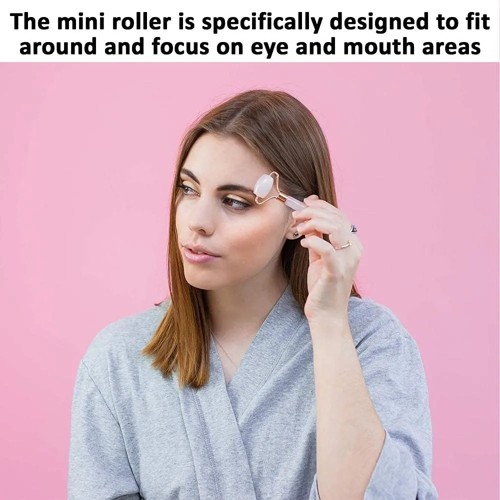 Rose Quartz Roller with Gua Sha Set for Face Natural Authentic Facial Crystal Massager Skin Eyes Neck Tones Firms Depuffs-Mini Roller