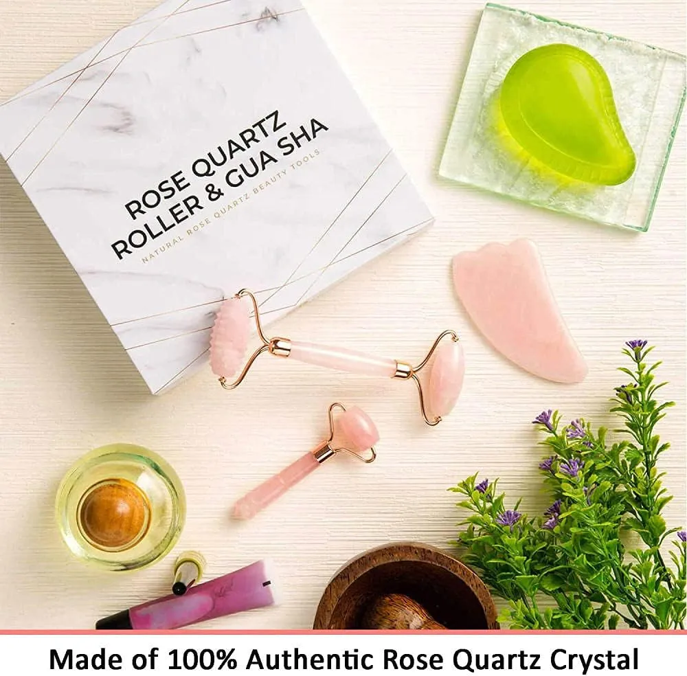 Rose Quartz Roller with Gua Sha Set for Face Natural Authentic Facial Crystal Massager Skin Eyes Neck Tones Firms Depuffs-Mini Roller