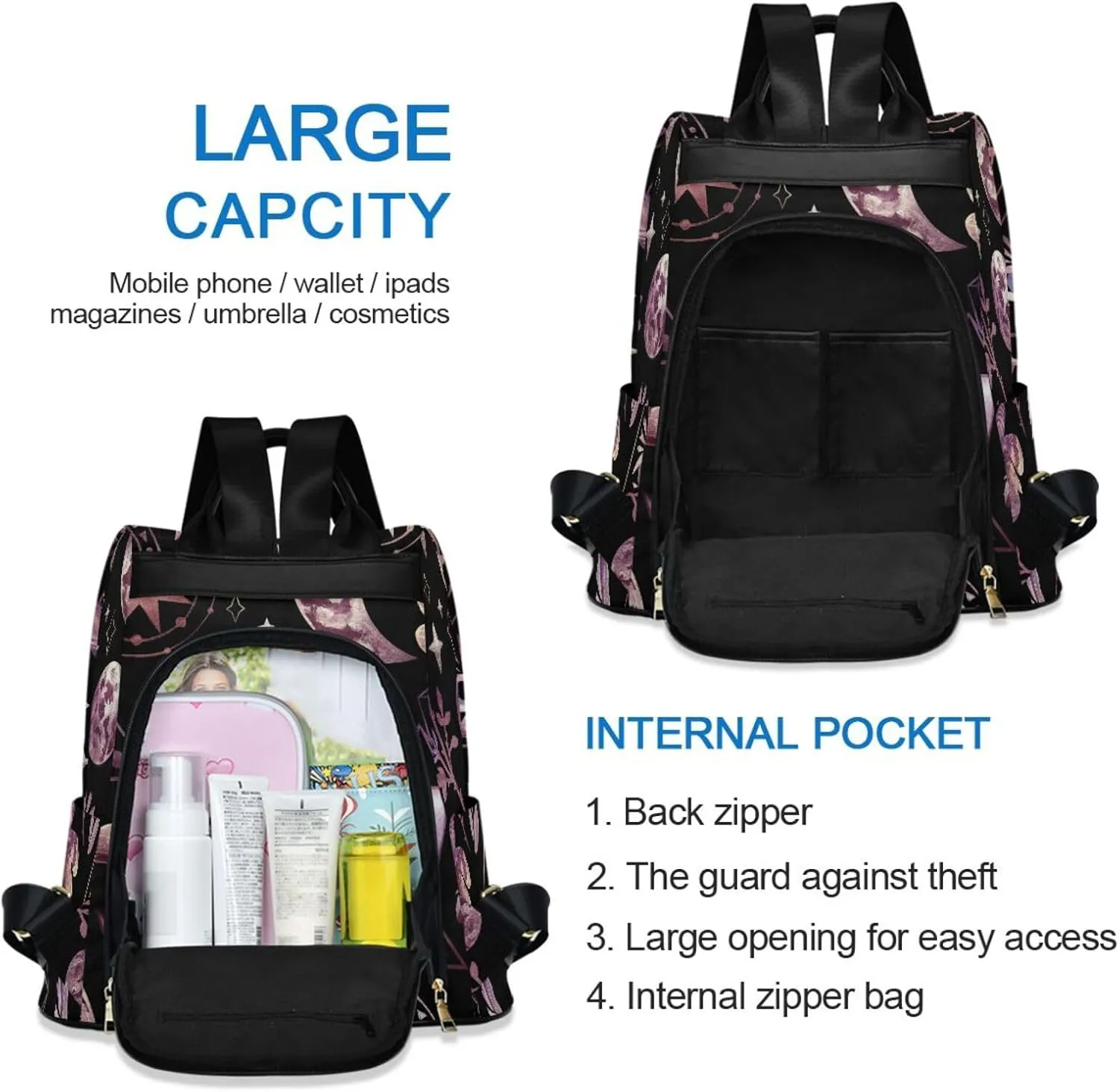 Rose Stars Feather and Night Butterfly Backpack for Women Anti Theft Large Fashion Travel Shoulder Bags Ladies Multiple Pockets Handbags Purse