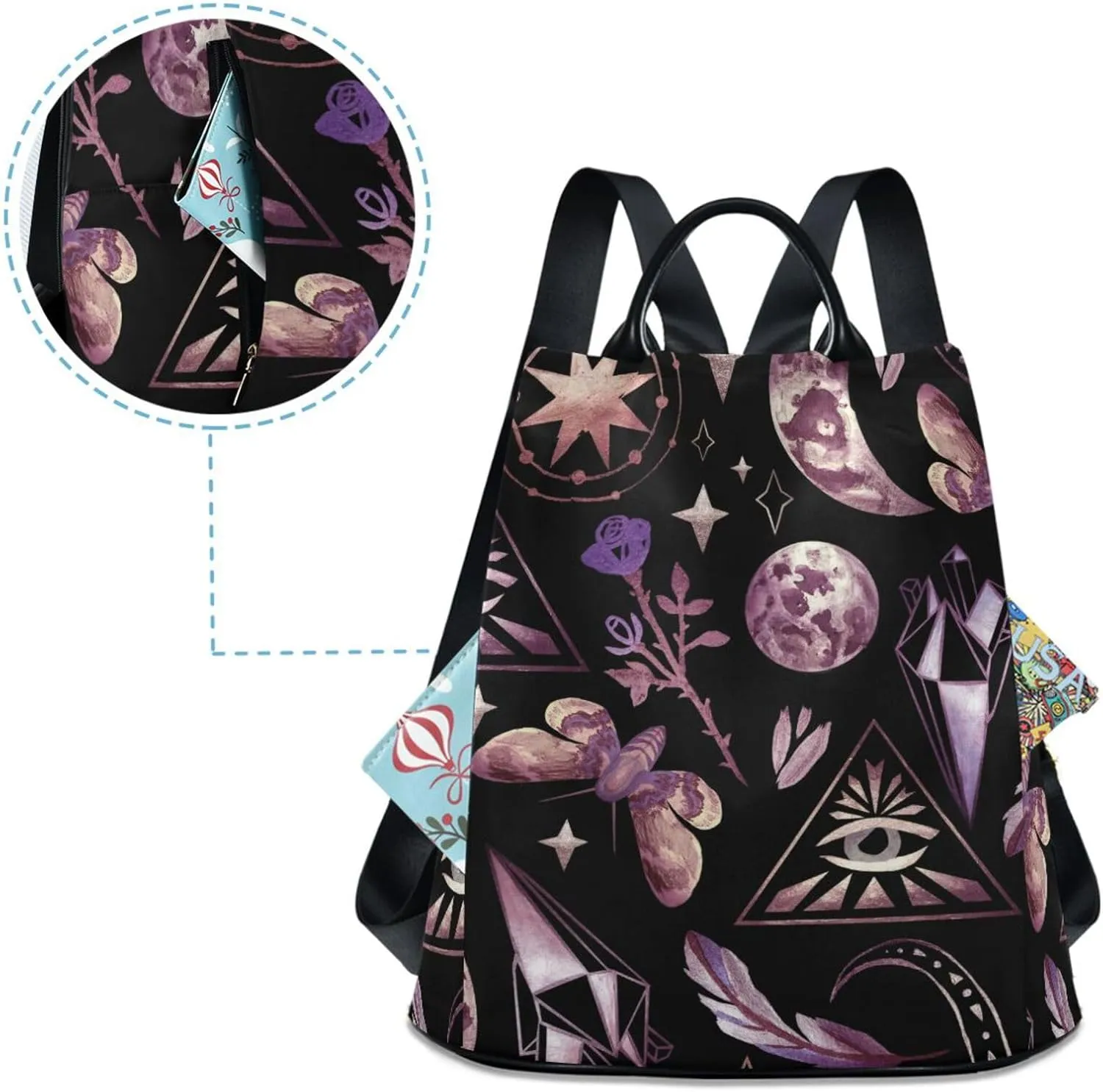 Rose Stars Feather and Night Butterfly Backpack for Women Anti Theft Large Fashion Travel Shoulder Bags Ladies Multiple Pockets Handbags Purse