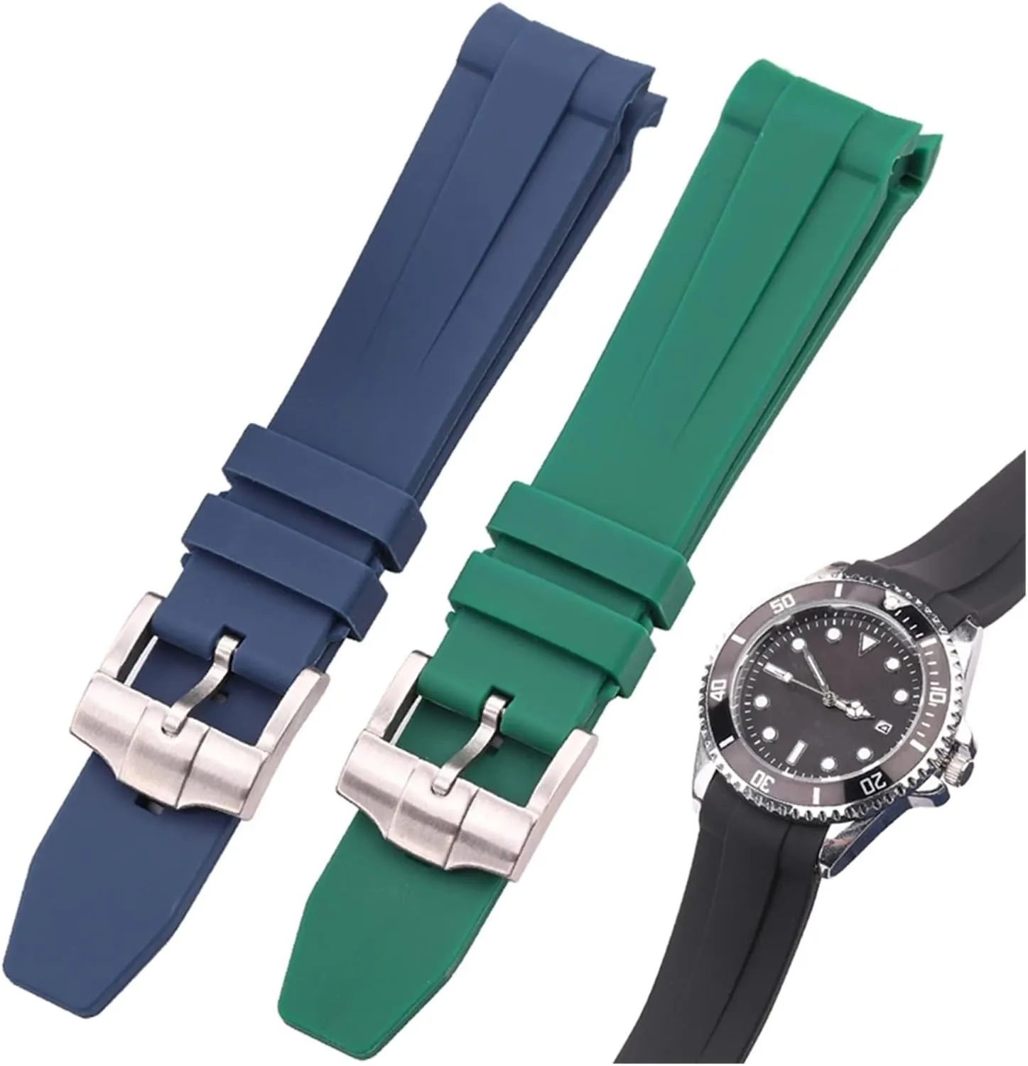 Rubber Watch Strap 20mm Curved End Soft Silicone Watchband Black Green Blue Diving Bracelet Wrist Band